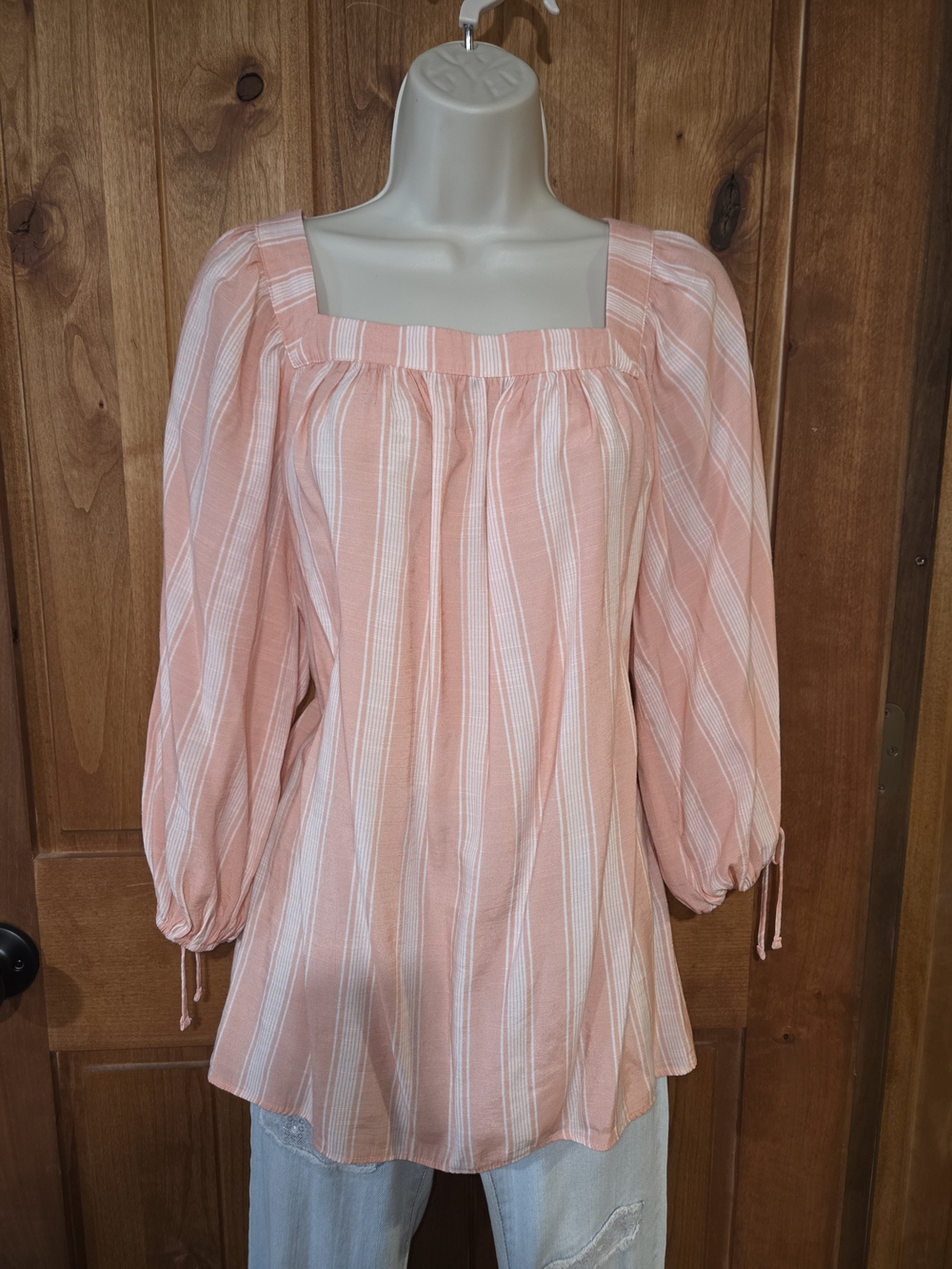 LC Lauren Conrad Peach‎ and White Striped Square-Neck Blouse
